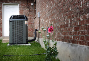 High-efficiency HVAC system installed outside, next to a brick home, with one pink flower in foreground.